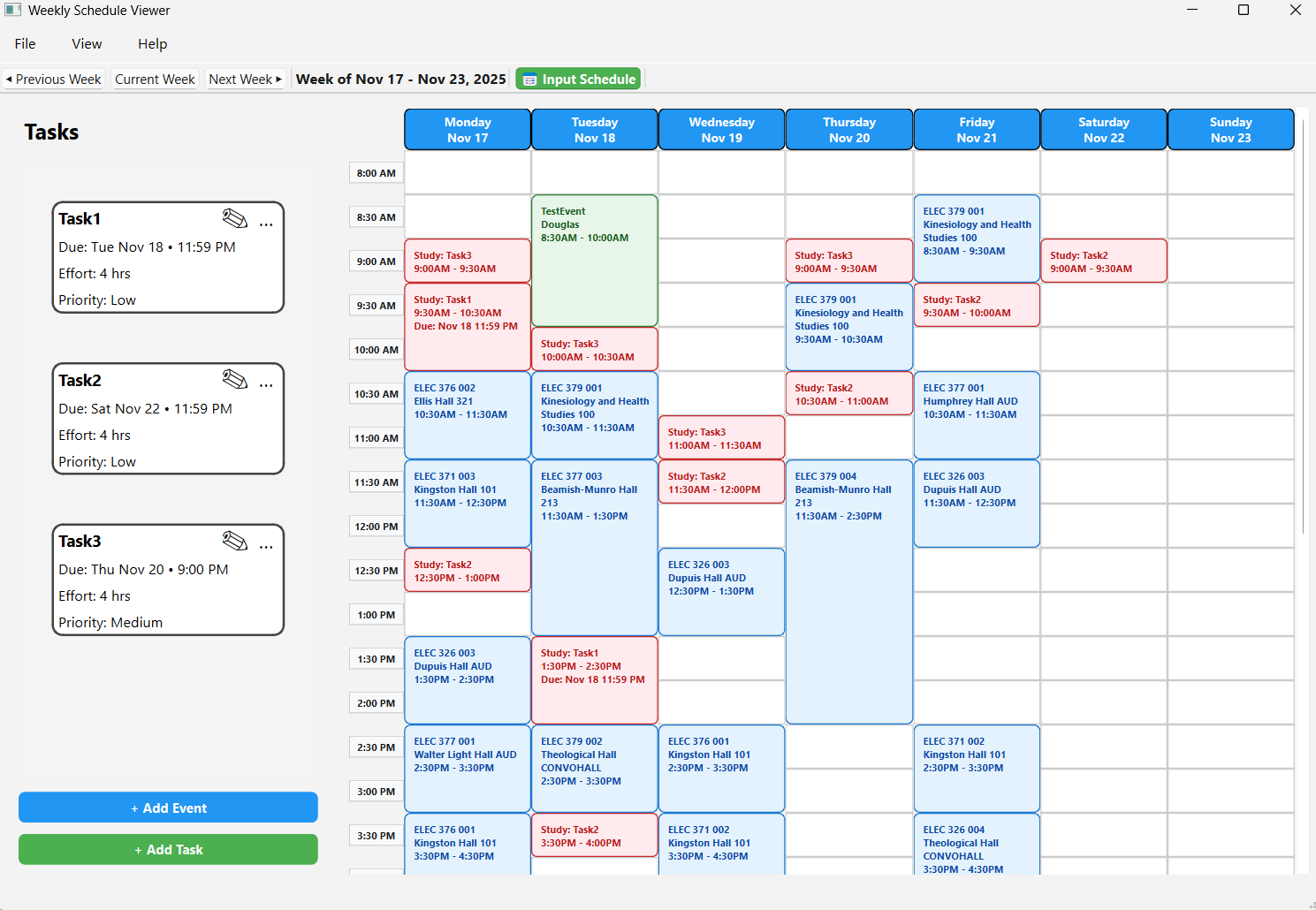 Qt calendar displaying classes and study blocks