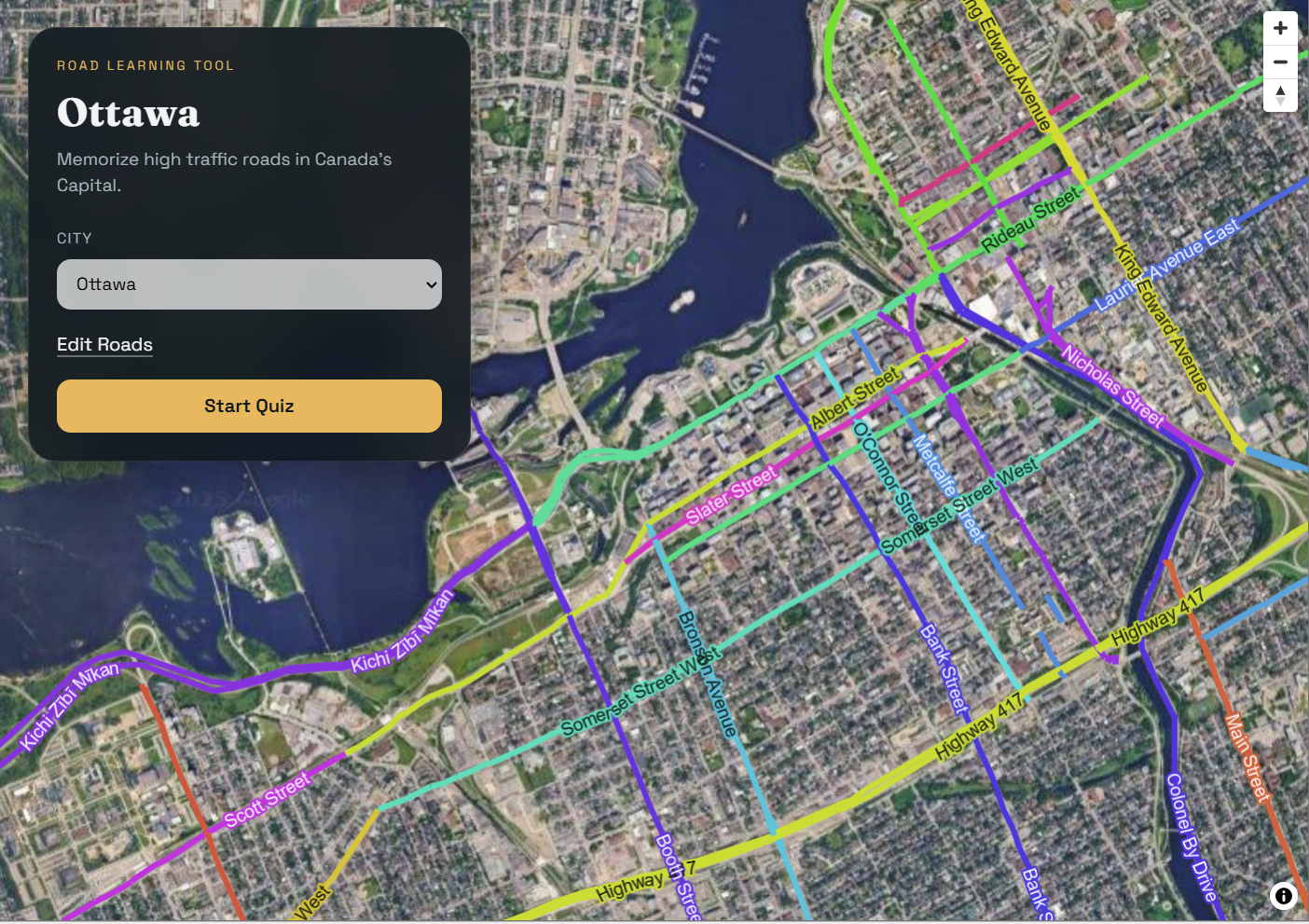 Road Learning Tool map view (satellite basemap, white highlighted roads)